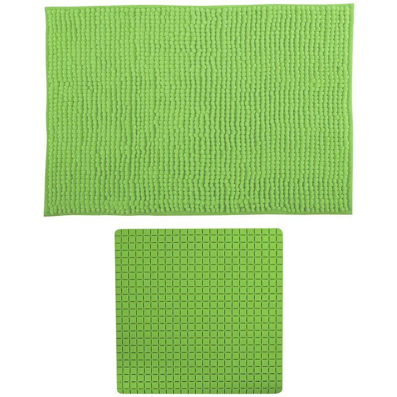 Foto van Msv douche anti-slip mat en droogloop mat - sevilla badkamer set - rubber/microvezel - limegroen - badmatjes