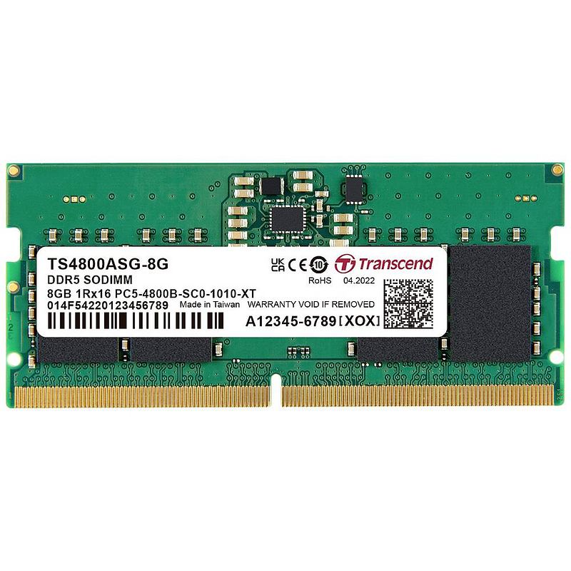 Foto van Transcend ts4800asg-8g werkgeheugenmodule voor laptop ddr5 8 gb 1 x 8 gb ecc 4800 mhz 262-pins so-dimm cl40 ts4800asg-8g