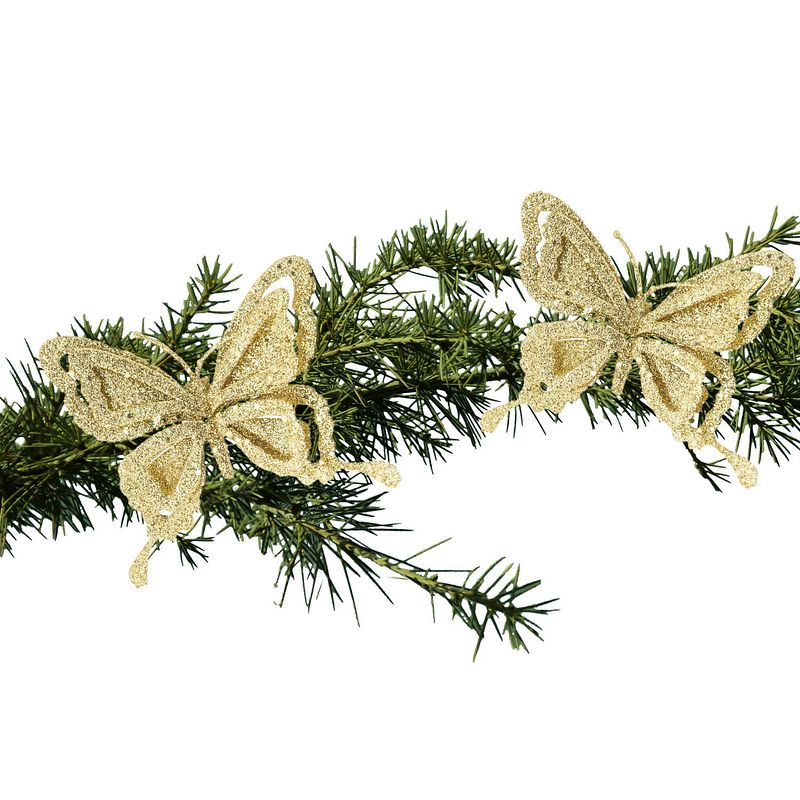 Foto van 2x stuks kerstboom decoratie vlinders op clip glitter goud 14 cm - kersthangers