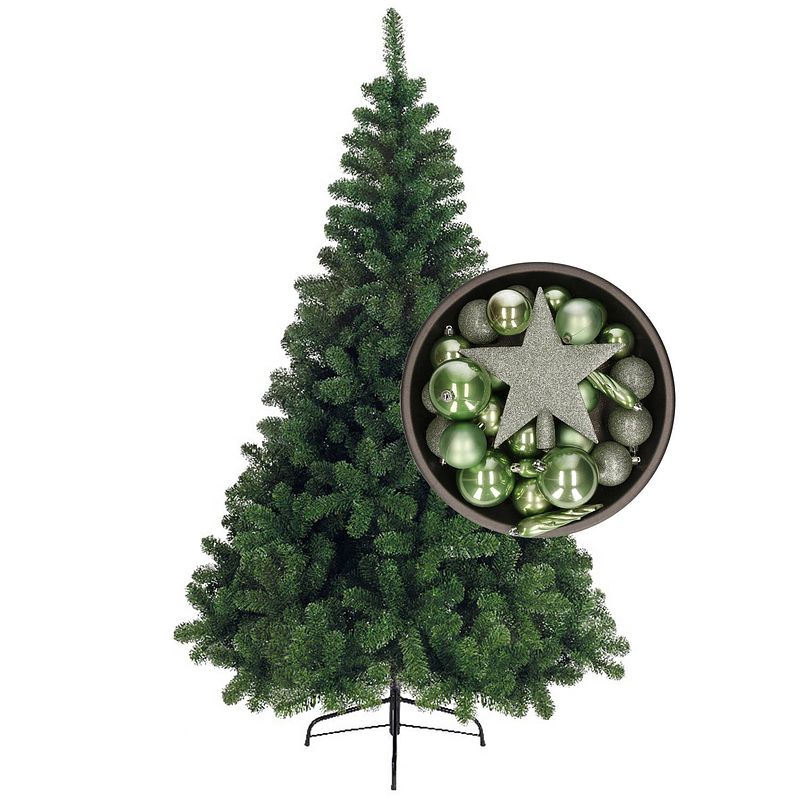 Foto van Bellatio decorations kerstboom 210 cm met kerstballen en piek salie groen - kunstkerstboom