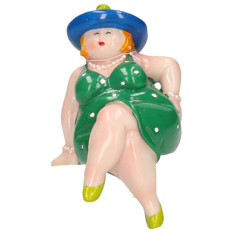 Foto van Inware home decoratie beeldje dikke dame - jurk groen - 15 cm - beeldjes