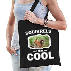 Foto van Katoenen tasje squirrels are serious cool zwart - eekhoorntjes/ eekhoorntje cadeau tas - feest boodschappentassen