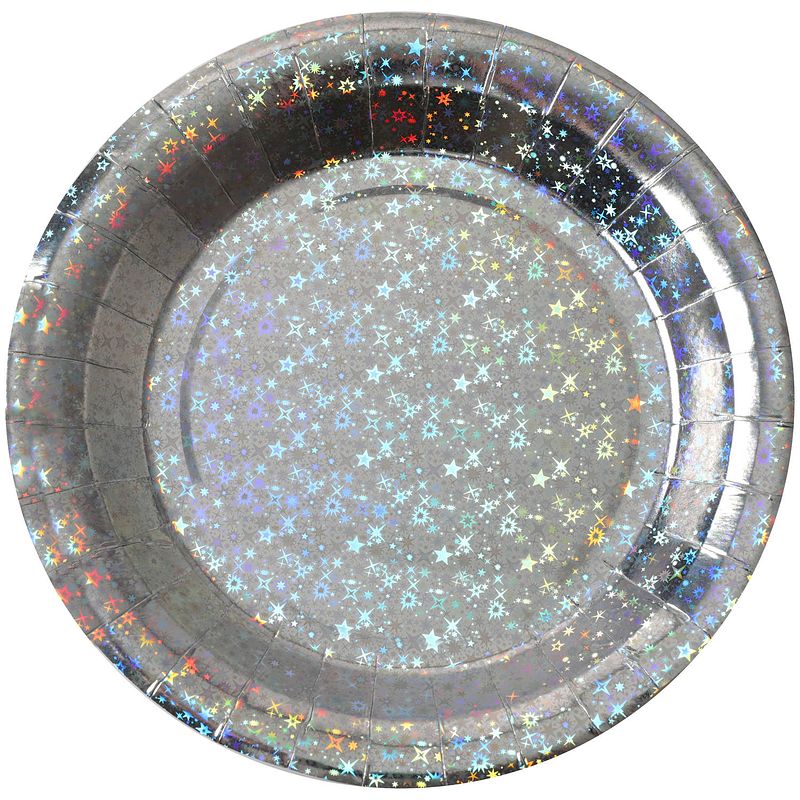 Foto van Santex wegwerpbordjes glitter - bruiloft - 10x stuks - 23 cm - zilver - feestbordjes