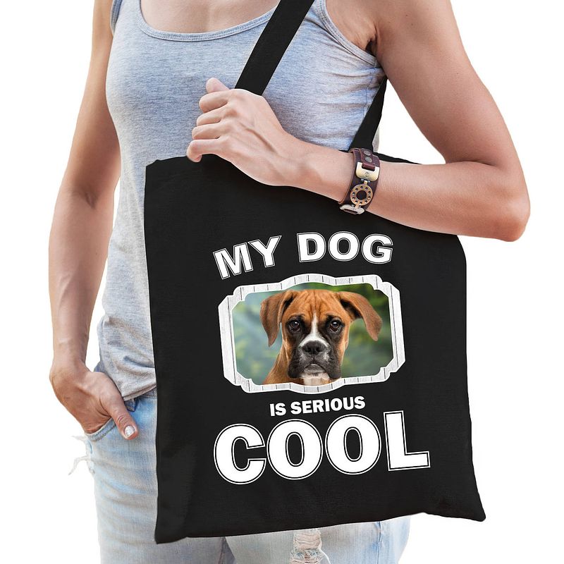 Foto van Katoenen tasje my dog is serious cool zwart - boxer honden cadeau tas - feest boodschappentassen