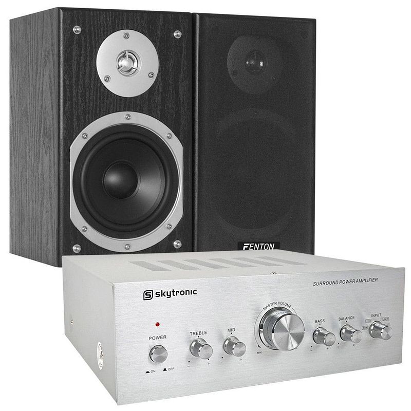 Foto van Skytec 280w hifi set met versterker, speakers en kabels