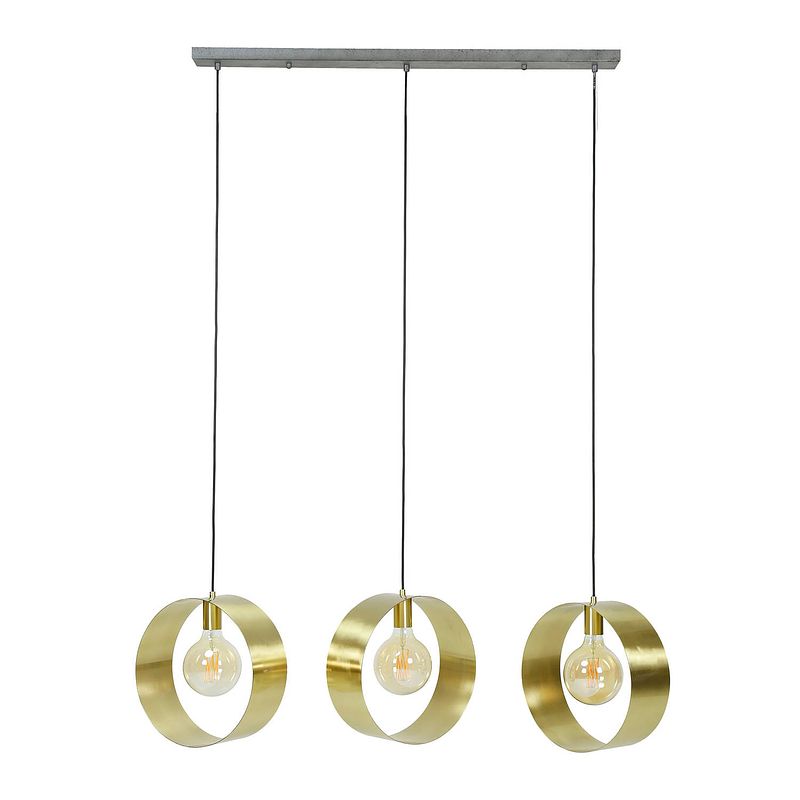 Foto van Hoyz - hanglamp vegas met 3 ronde lampen - goud afgewerkt - 150cm lang - industriële hanglamp voor woonkamer of eetkamer