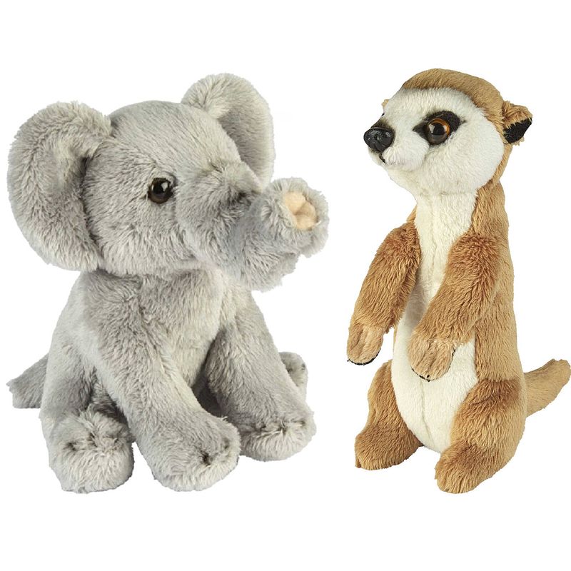 Foto van Safari dieren serie pluche knuffels 2x stuks - olifant en stokstaartje van 15 cm - knuffeldier