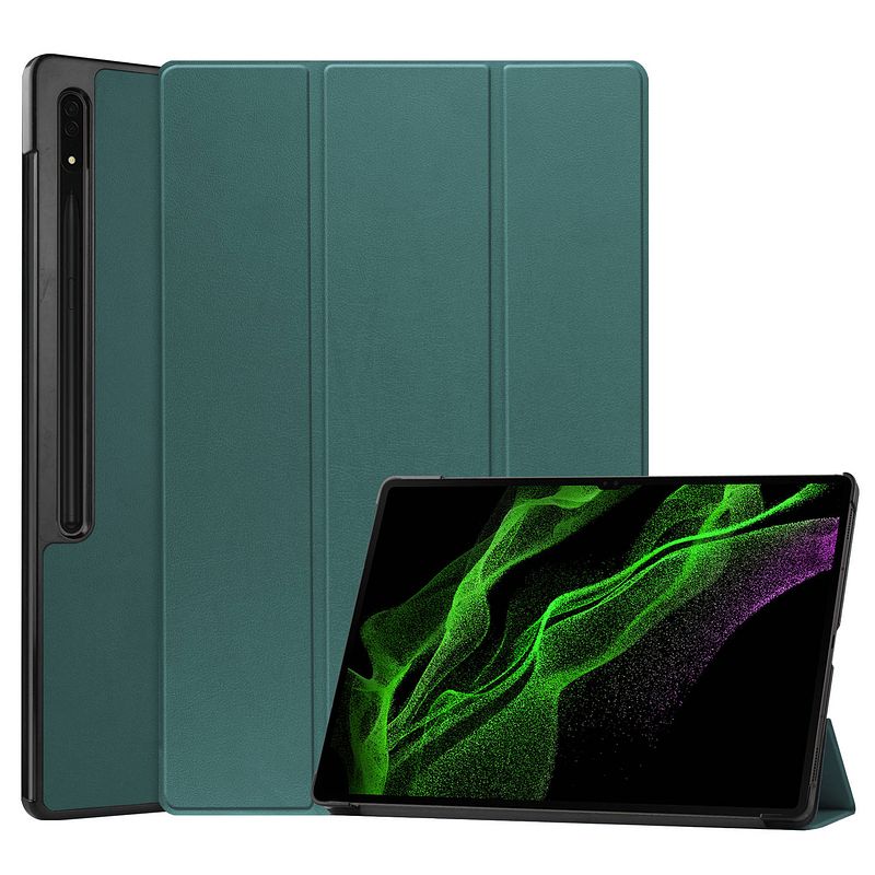 Foto van Basey samsung galaxy tab s9 ultra hoes case met s pen uitsparing - samsung tab s9 ultra hoesje book cover - donker groen