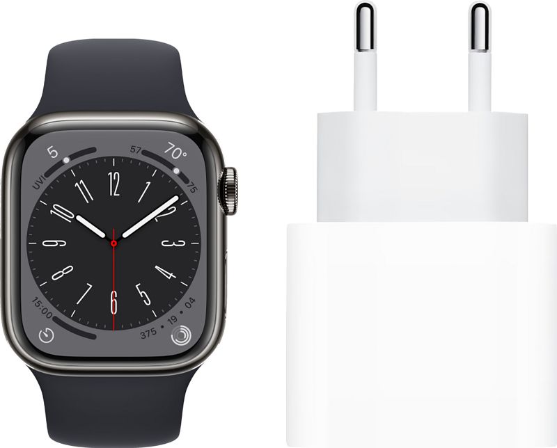 Foto van Apple watch series 8 4g 41mm grafiet rvs midnight sportband + oplader