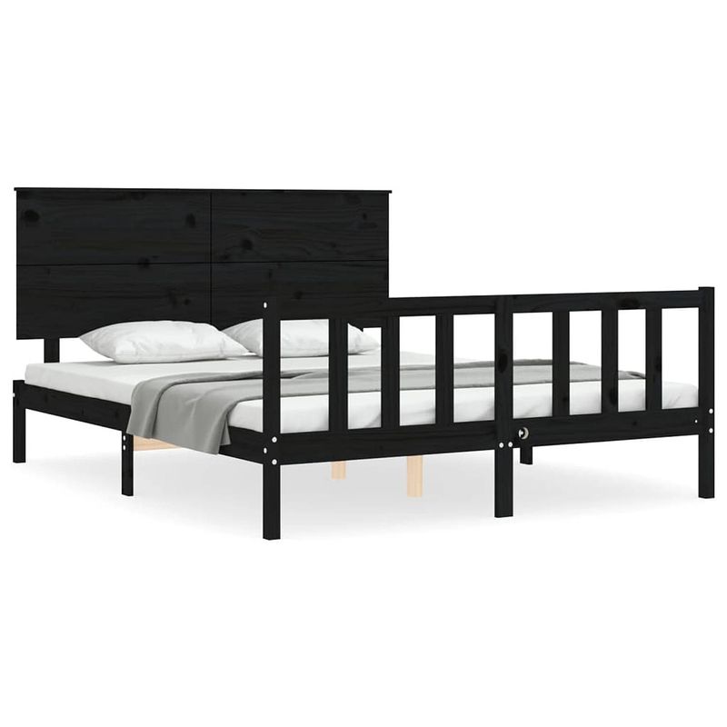 Foto van The living store massief grenenhouten bedframe - zwart - 205.5 x 155.5 x 82.5 cm - multiplex lattenbodem