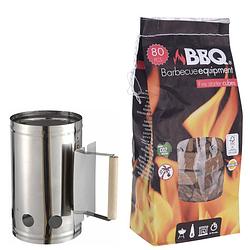 Foto van Barbecue briketten starter rvs met houten handvat 27 x 17 cm met 80x bbq aanmaakblokjes - brikettenstarters