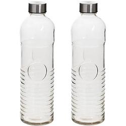 Foto van Set van 2x stuks waterflessen/drinkflessen 1 liter van gehard ribbel glas - drinkflessen