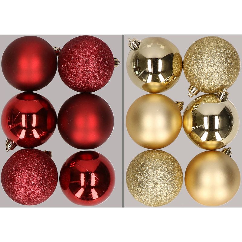 Foto van 12x stuks kunststof kerstballen mix van donkerrood en goud 8 cm - kerstbal