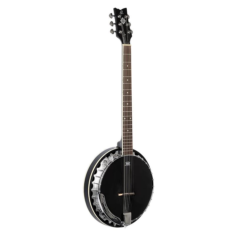 Foto van Ortega obj350/6-sbk raven series satin black 6-snarige banjo met gigbag