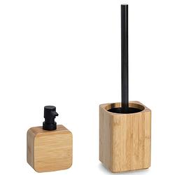 Foto van Wc/toiletborstel in houder met zeeppompje - bamboe hout - luxe kwaliteit - toiletborstels