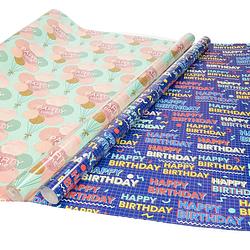 Foto van Inpakpapier happy birthday en party time - 4 stuks - 70 x 200 cm - cadeaupapier