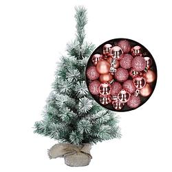 Foto van Besneeuwde mini kerstboom/kunst kerstboom 35 cm met kerstballen roze - kunstkerstboom