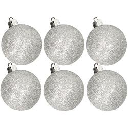 Foto van 6x stuks kunststof glitter kerstballen zilver 8 cm - kerstbal