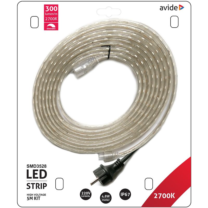 Foto van Avide led strip 220v 4.8w smd3528 60led 2700k ip67 5m