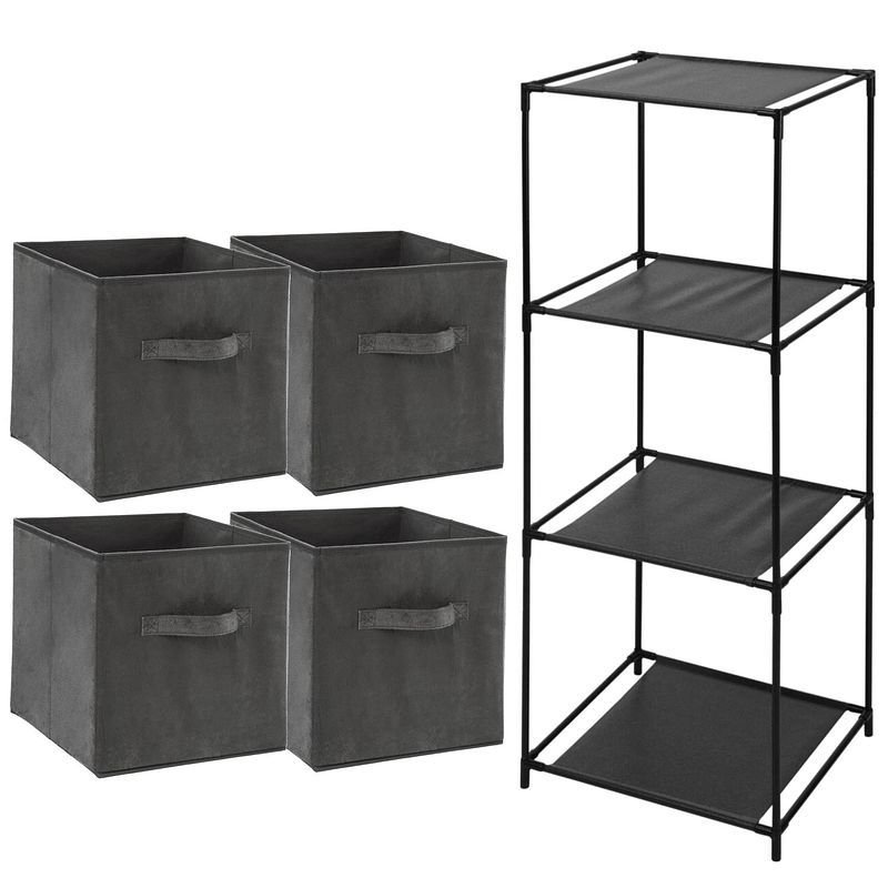 Foto van Storage solutions opbergrek smartrack - met 4x mandjes stof - grijs - 34 x 104 cm - opbergkastjes