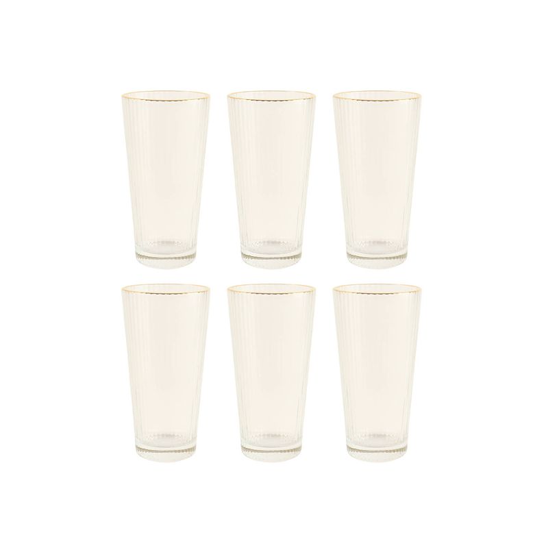 Foto van Otix waterglazen longdrink glazen set van 6 stapelbaar 400ml met gouden rand reliëf ribbel transparant glas