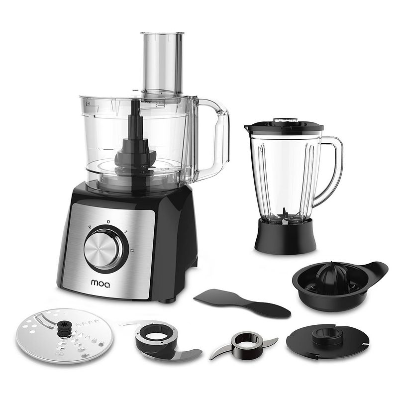 Foto van Moa foodprocessor met 1200 watt - extra krachtig - met accessoires voor gebruik als citruspers, blender etc. - zwart met