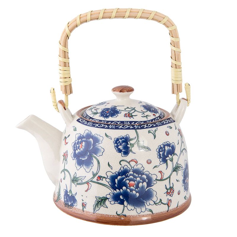 Foto van Haes deco - chinese theepot - porselein - grote blauwe bloemen - theepot 700 ml - traditioneel theeservies, theekan