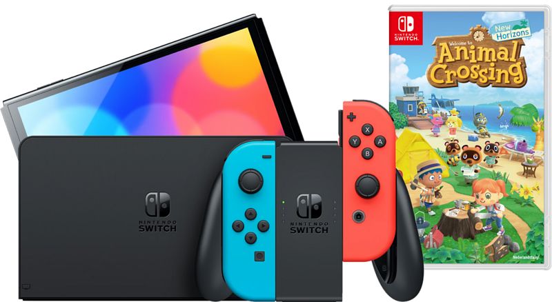 Foto van Nintendo switch oled rood/blauw + animal crossing new horizons