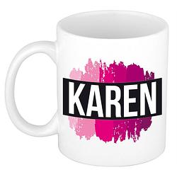 Foto van Naam cadeau mok / beker karen met roze verfstrepen 300 ml - naam mokken