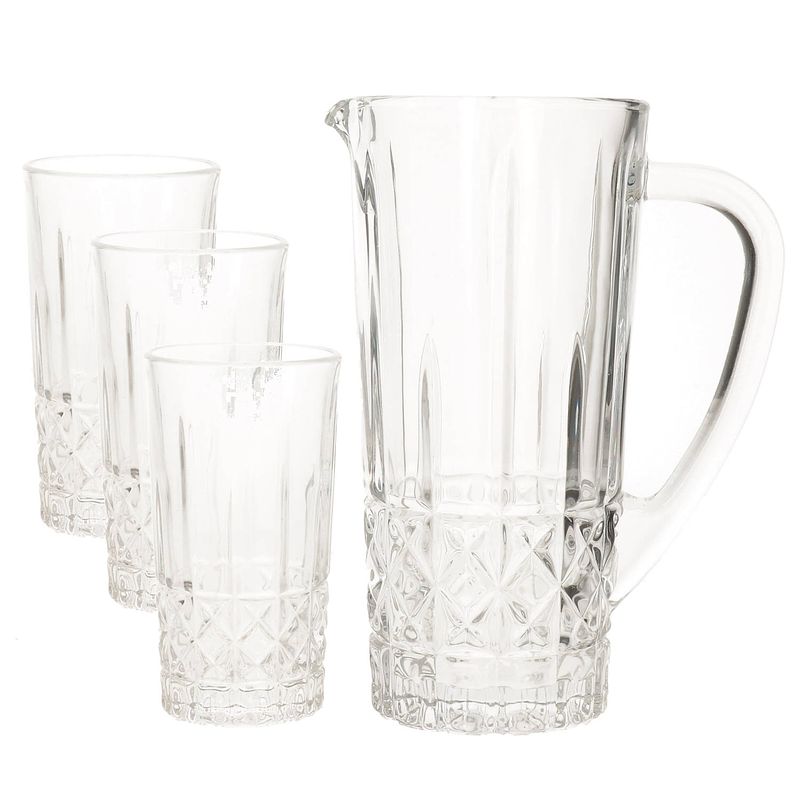 Foto van Glazen schenkkan/karaf 1liter 25 x 16 cm met 6 drinkglazen van 250 ml - drinkglazen