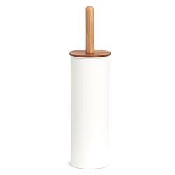 Foto van Wc/toiletborstel in houder - bamboe hout/metaal - wit - h38 x d10 cm - toiletborstels