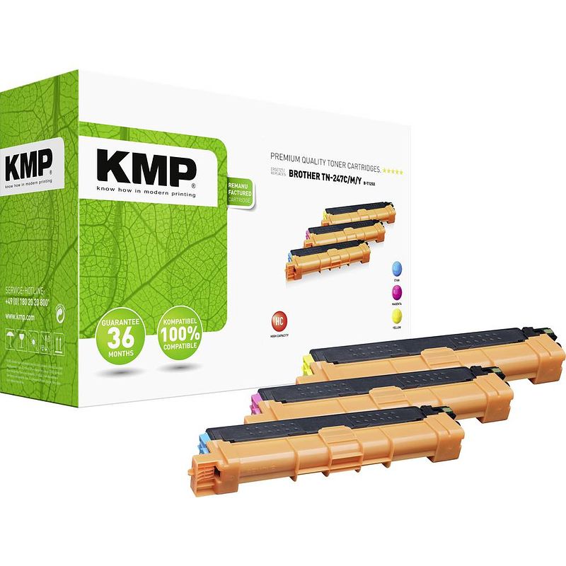 Foto van Kmp toner multipack vervangt brother tn-247c, tn-247m, tn-247y, tn247c, tn247m, tn247y compatibel cyaan, magenta, geel 2300 bladzijden b-t125x