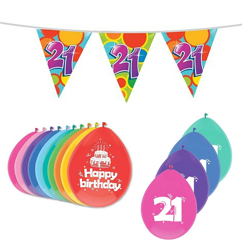 Foto van Leeftijd verjaardag thema 21 jaar pakket ballonnen/vlaggetjes - feestpakketten