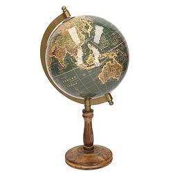 Foto van Decoratie wereldbol/globe donkergroen op mangohouten voet/standaard 16 x 32 cm - landen/contintenten topografie