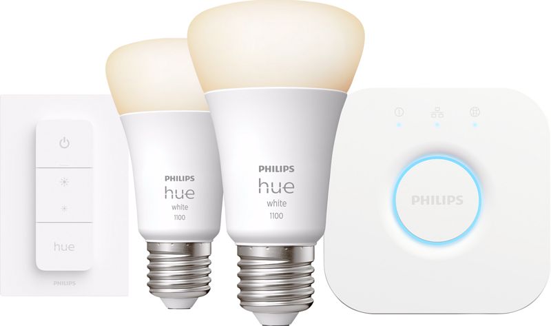 Foto van Philips hue white starter pack e27 met 2 lampen, dimmer + bridge