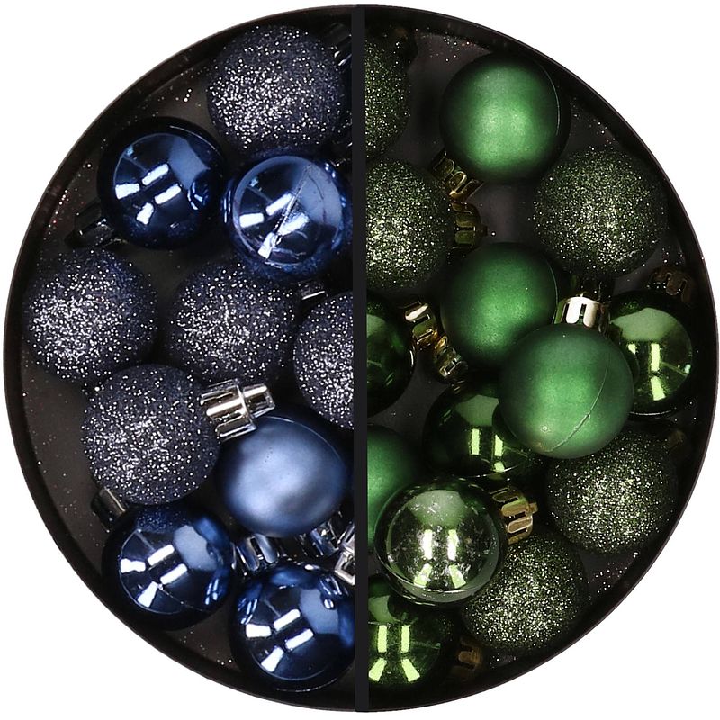 Foto van 34x stuks kunststof kerstballen donkerblauw en donkergroen 3 cm - kerstbal