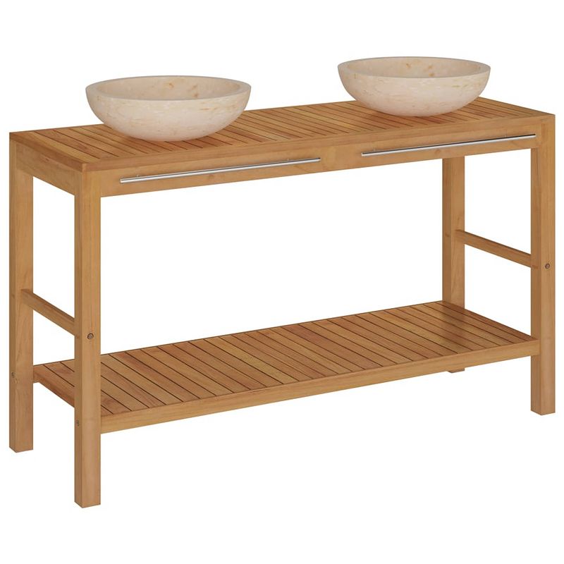 Foto van The living store houten kast - wastafels - massief teakhout - 132 x 45 x 75 cm - marmer