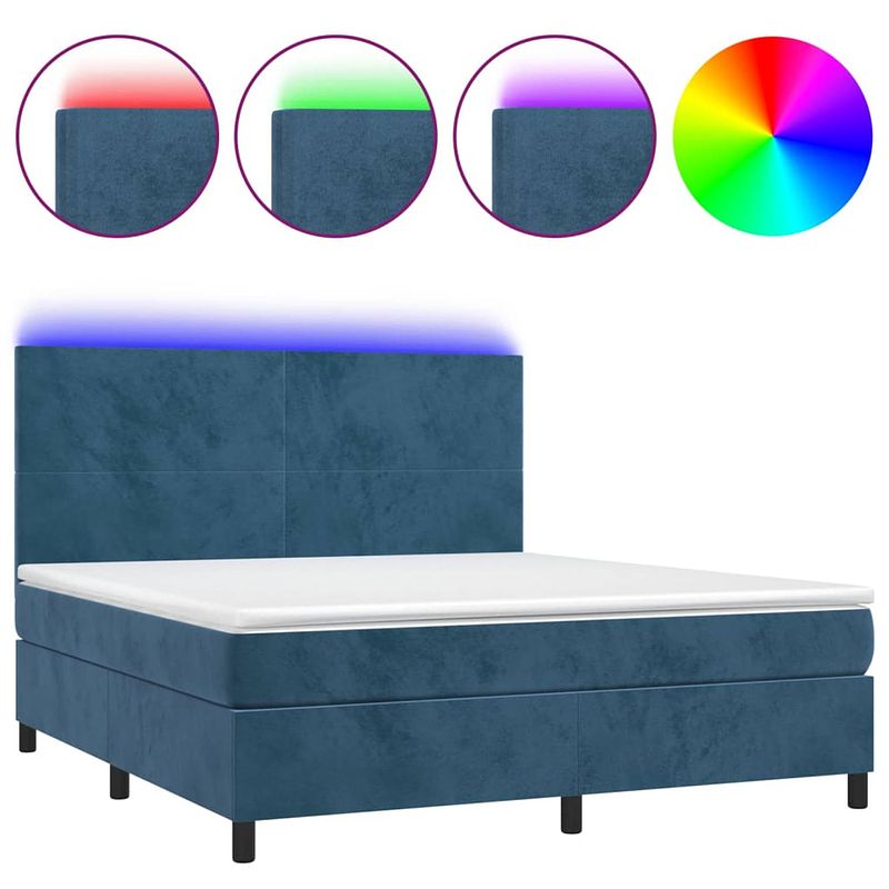 Foto van The living store boxspring dark blue velvet 203x160x118/128cm - adjustable headboard - led lighting - pocket spring