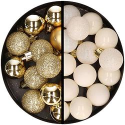 Foto van 34x stuks kunststof kerstballen goud en wolwit 3 cm - kerstbal