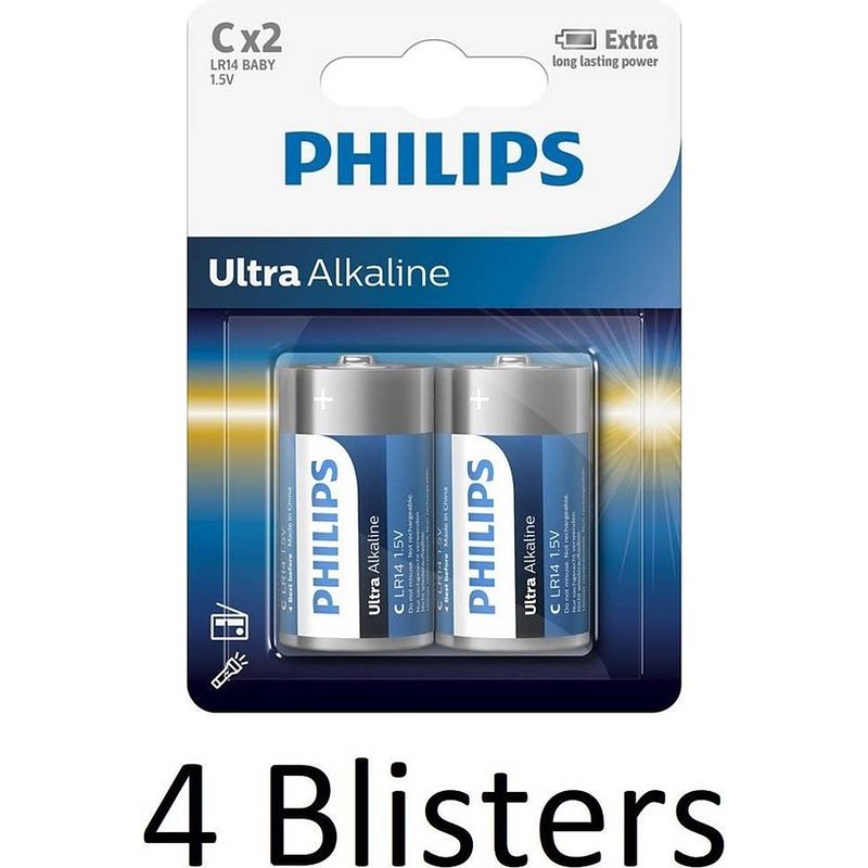 Foto van 8 stuks (4 blisters a 2 st) philips ultra alkalline c batterijen