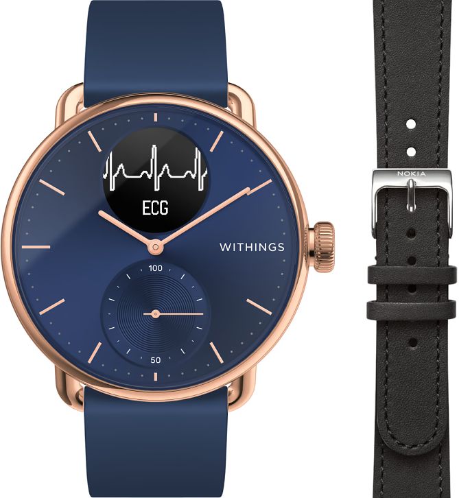 Foto van Withings scanwatch blauw 38 mm + withings leren bandje zwart 18mm