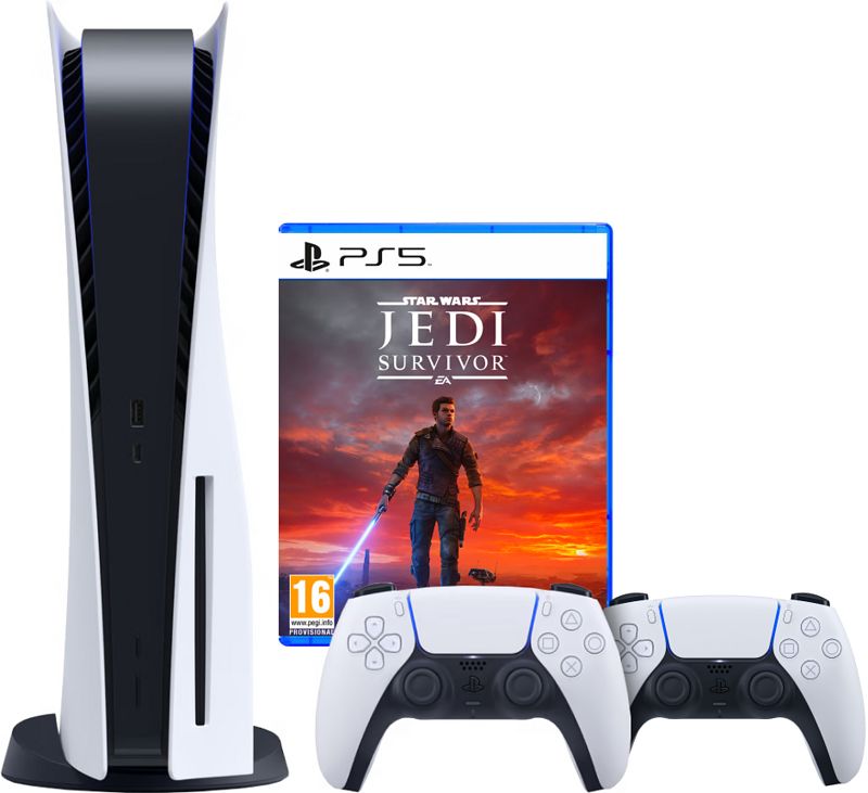 Foto van Playstation 5 disc edition + star wars: jedi survivor + tweede controller wit