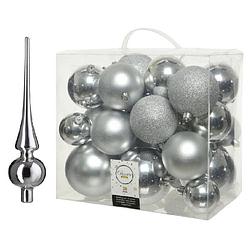 Foto van Kerstversiering kunststof kerstballen met piek zilver 6-8-10 cm pakket van 27x stuks - kerstbal