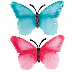 Foto van Set van 2x stuks tuindecoratie muur/wand/schutting vlinders van metaal in blauw en roze tinten 40 x 25 cm