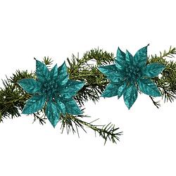 Foto van 2x stuks kerstboom bloemen op clip emerald groen glitter 15 cm - kunstbloemen