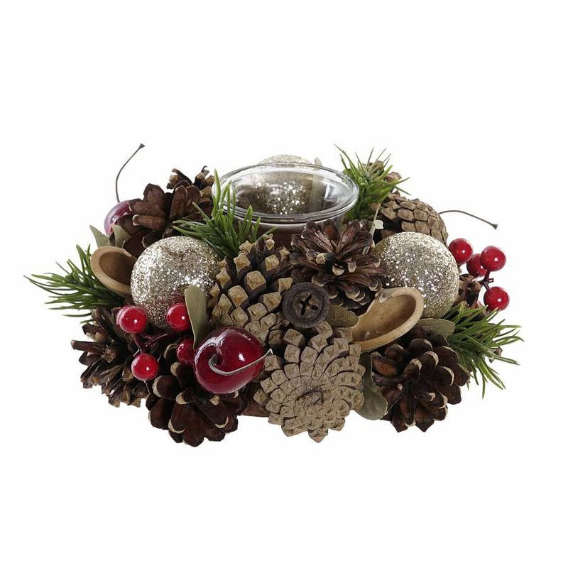 Foto van Kerst thema kaarsenhouder ornament bruin/rood/goud nature 19 cm - waxinelichtjeshouders