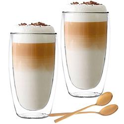 Foto van Luxe latte macchiato glazen dubbelwandig - koffieglazen - cappuccino glazen - gratis lepels - 380 ml - set van 2