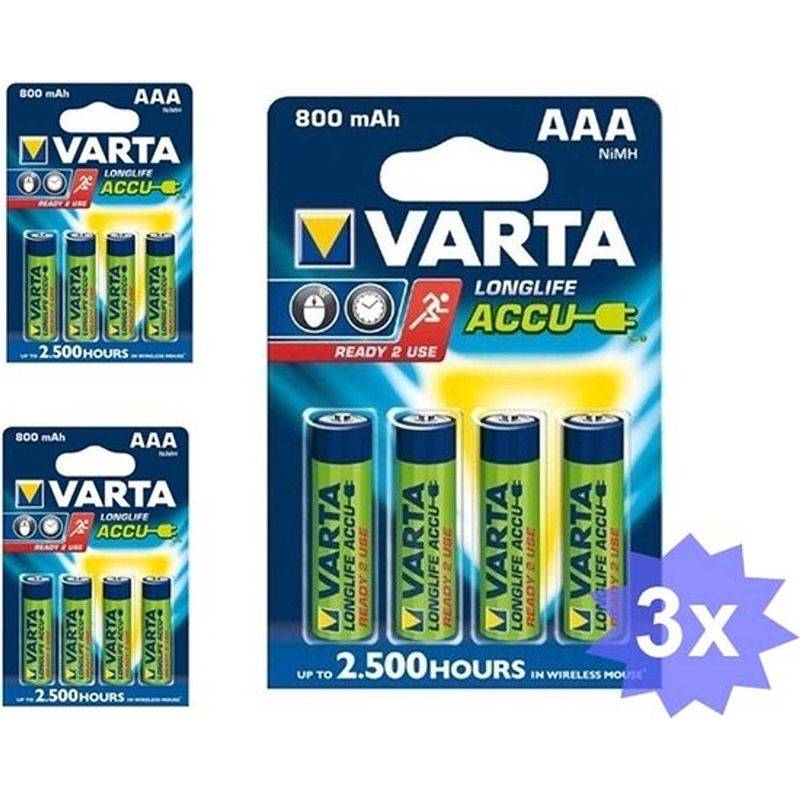 Foto van Varta oplaadbare batterij aaa hr3 800mah - 12 stuks (3 blisters a 4st)