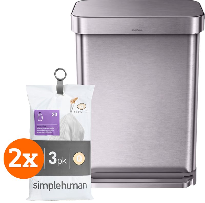 Foto van Simplehuman rectangular liner pocket 55 liter rvs + vuilniszakken (120 stuks)