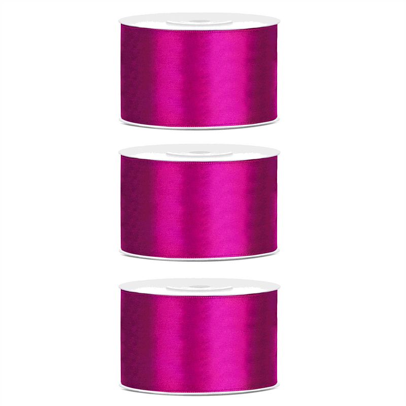 Foto van 3x hobby/decoratie fuchsia roze satijnen sierlinten 3,8 cm/38 mm x 25 meter - cadeaulinten